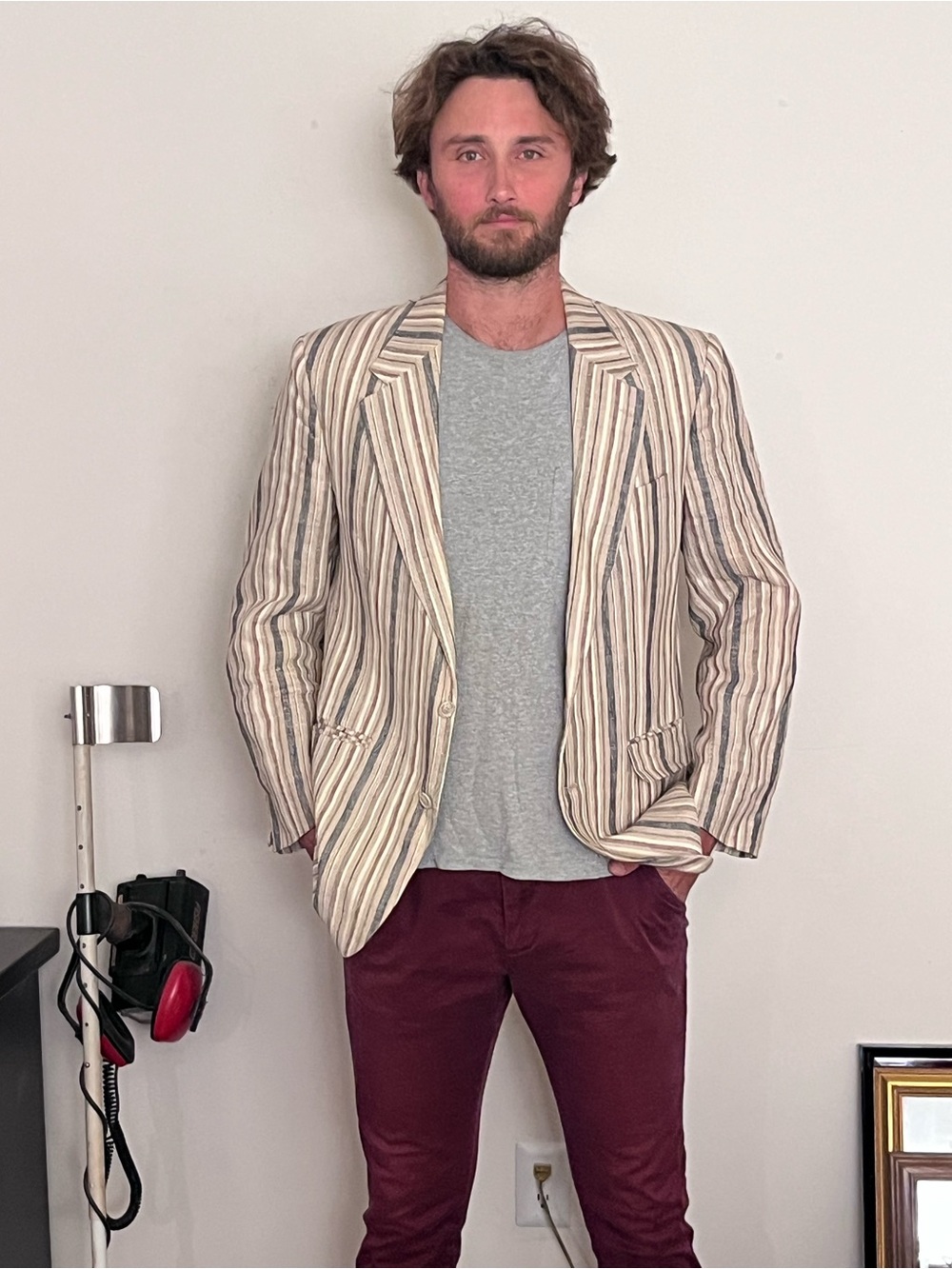Striped Linen Blazer Beige & Blue